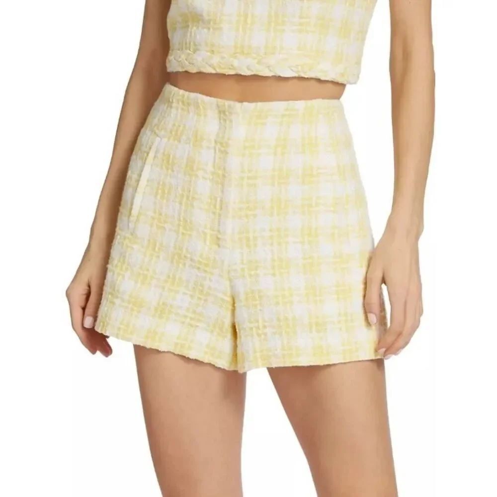 Veronica Beard Jazmin Tweed Shorts Yellow Ivory Plaid High Waist US 14